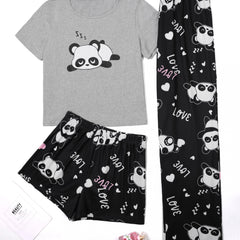 Panda Print Loungewear Set with Tee, Shorts & Pants