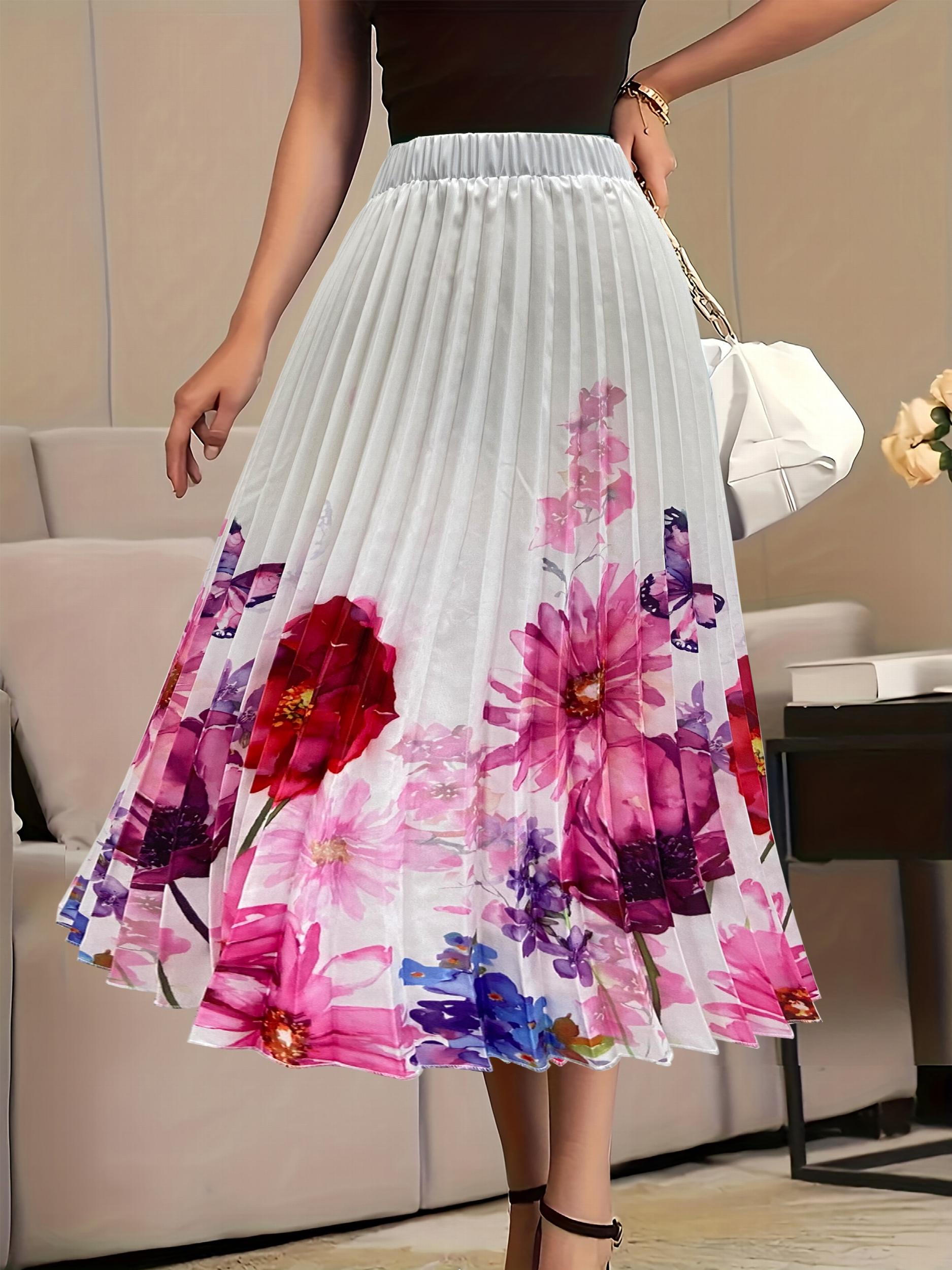 Floral Print Elastic High Rise Pleated Plus Size Maxi Skirt
