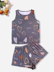 Heart Print Pajama Set Tank Top & Shorts Women's Sleepwear