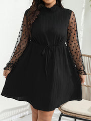 Ribbed Mesh Flounce Sleeve Tie Front Knee Length Dress