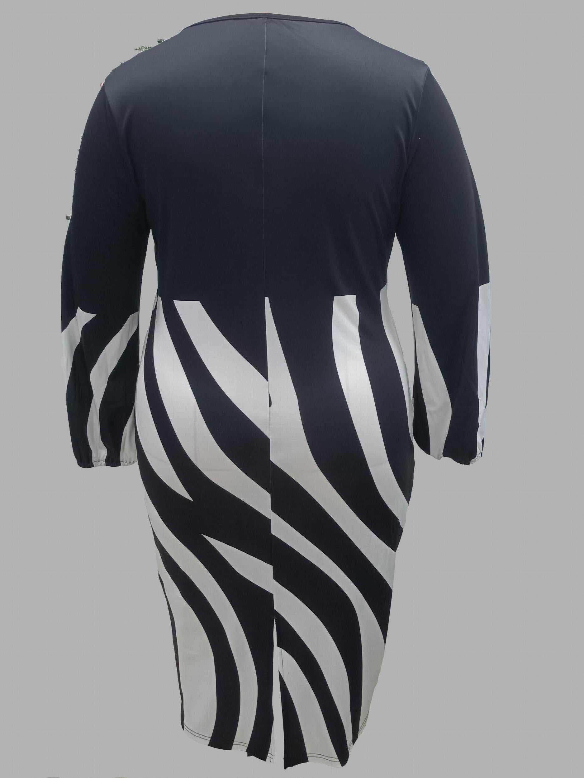 Colorblock Stripe Print Long Sleeve Round Neck Midi Dress