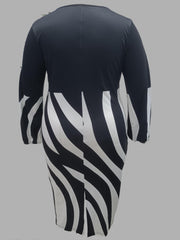 Colorblock Stripe Print Long Sleeve Round Neck Midi Dress