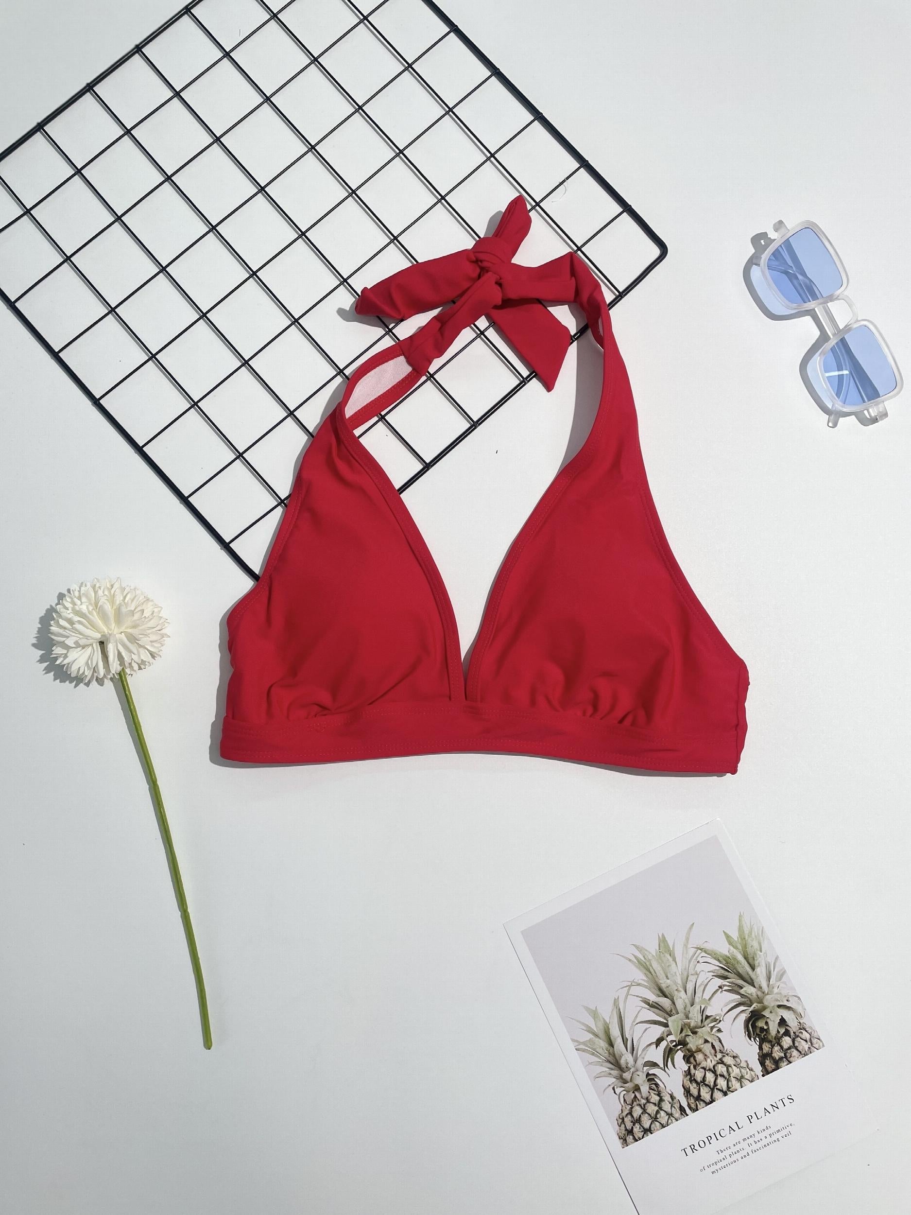 Cutout Lace Trim Halter Neck Red Solid Bra Top High Waist Plum Leaf Print Bikini