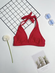 Cutout Lace Trim Halter Neck Red Solid Bra Top High Waist Plum Leaf Print Bikini