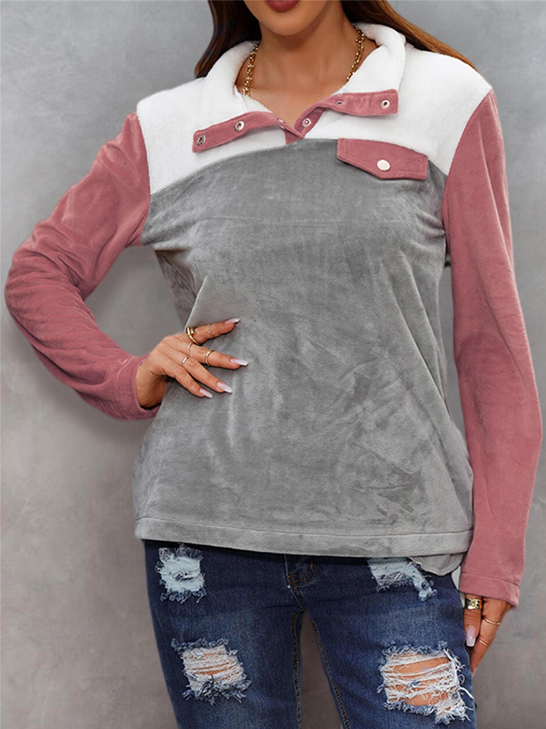 Women's Colorblock Stand Neck Teddy Long Sleeve Tops