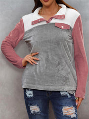 Women's Colorblock Stand Neck Teddy Long Sleeve Tops