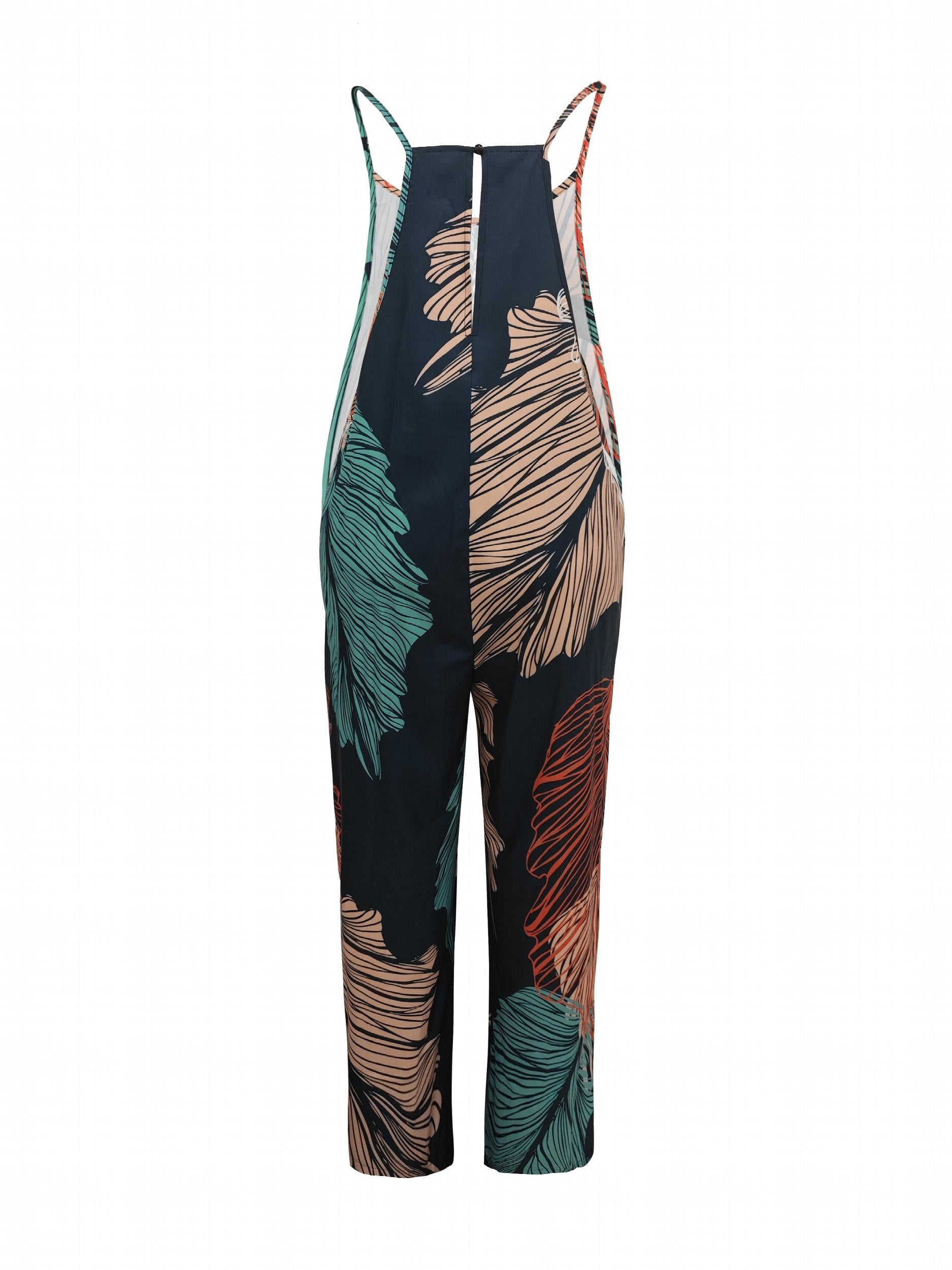 Leaf Print Wide Leg Jumpsuit with Pockets