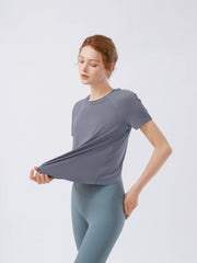 Women's Dark Grey Loose Crew Neck Short Sleeve Yoga T Shirt
