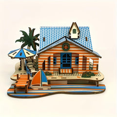 3D Wooden Beach House Puzzle DIY Toy Orange & Striped Theme