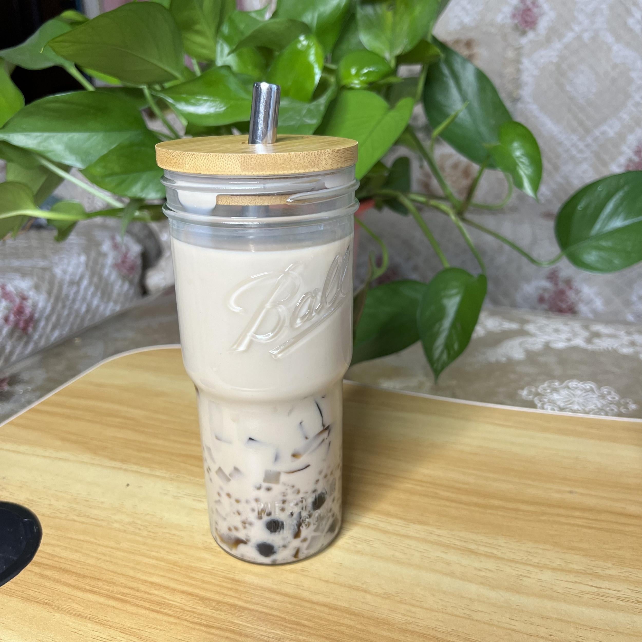 24oz Clear Glass Cup with Wooden Lid & Steel Straw