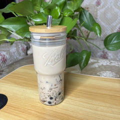 24oz Clear Glass Cup with Wooden Lid & Steel Straw