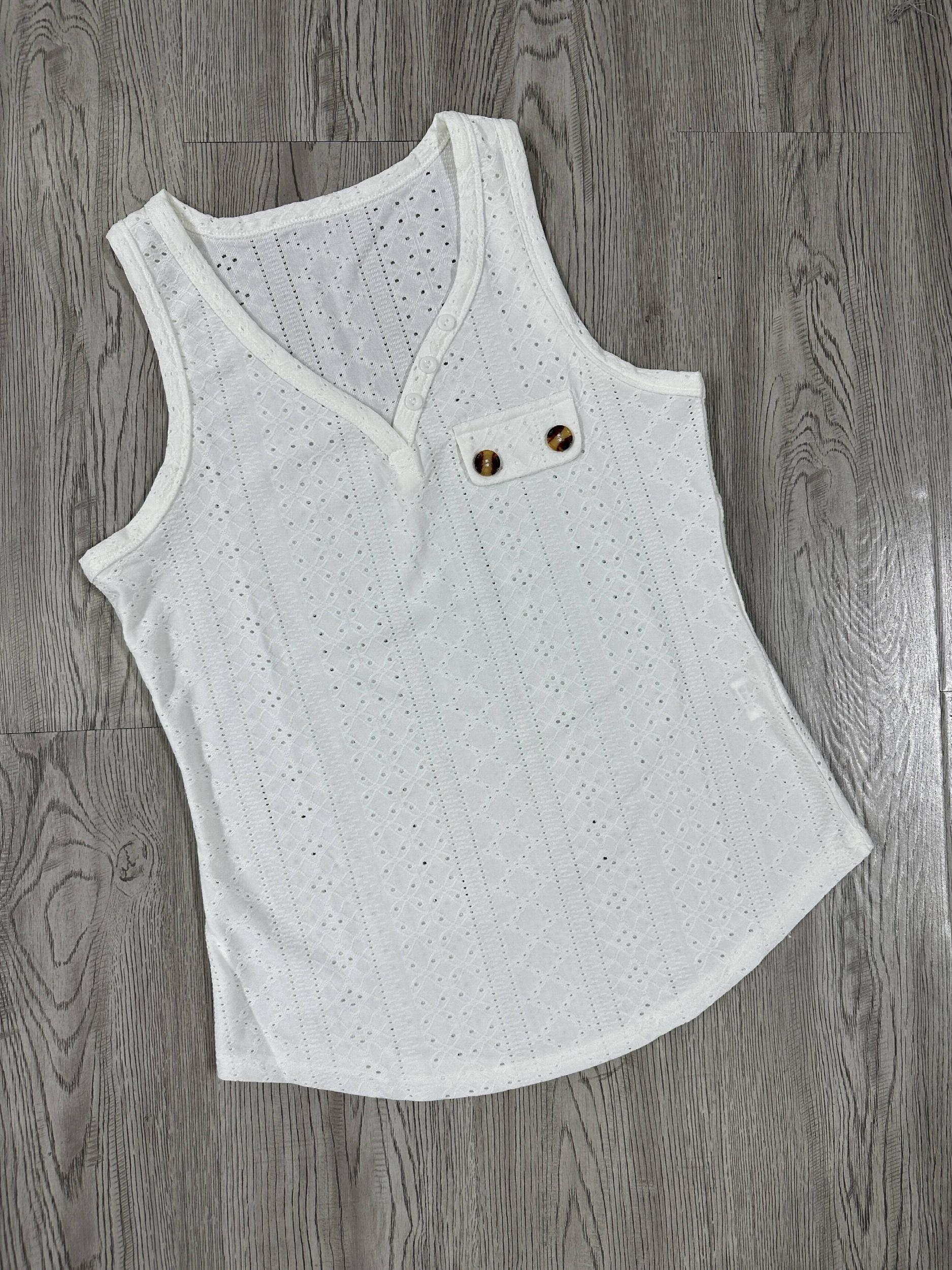 Eyelet V Neck Tank Top Button Front Sleeveless Summer Casual Women's Clothing