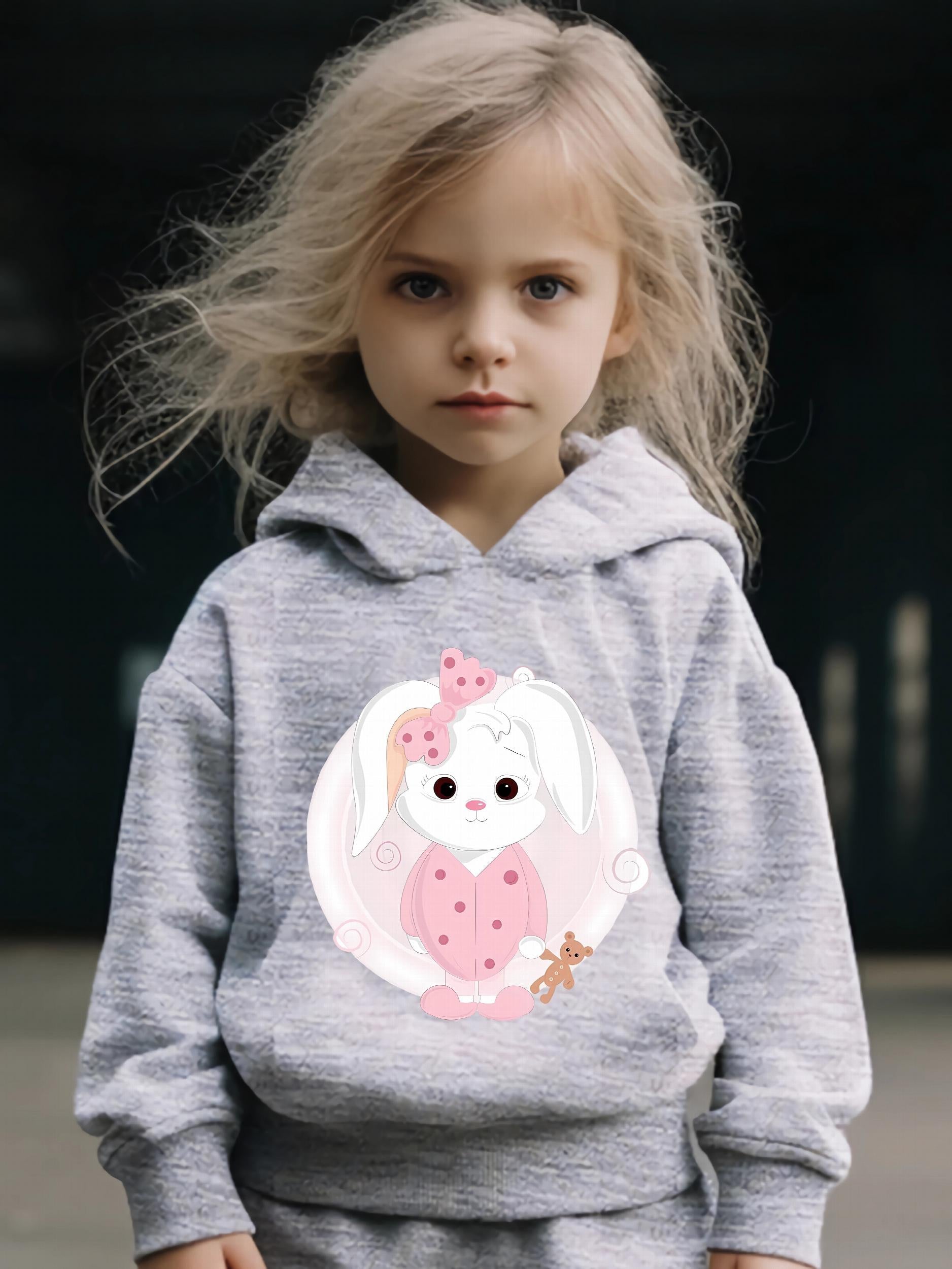 Cartoon Rabbit Pattern Hooded Sweatshirt & Solid Sweatpants Set for Girls