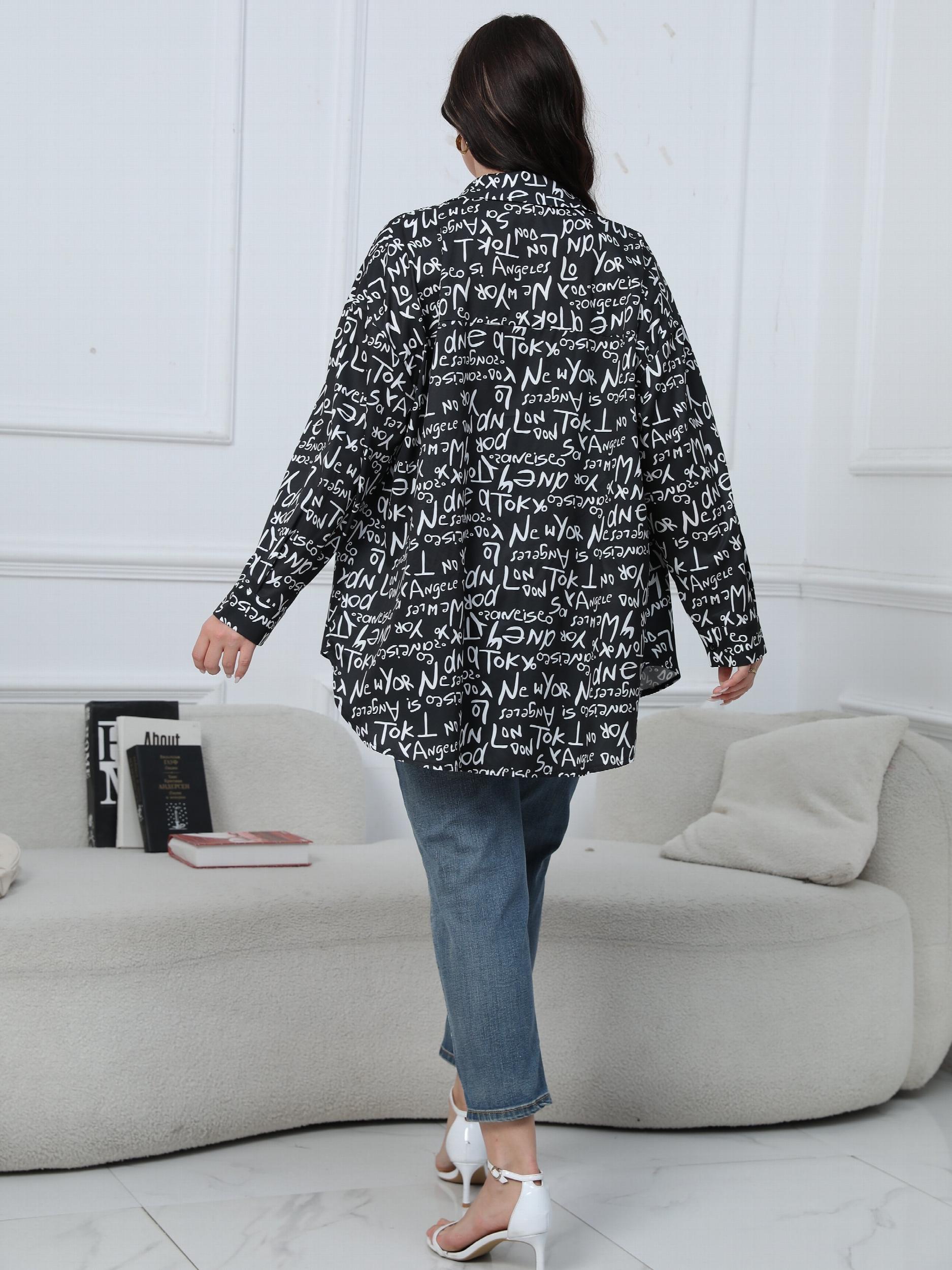 Casual Blouse Women's Plus Graffiti Print Long Sleeve Button Up Shirt