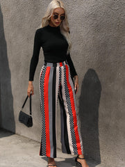 Striped Print Wide Leg Pants Casual Long Length