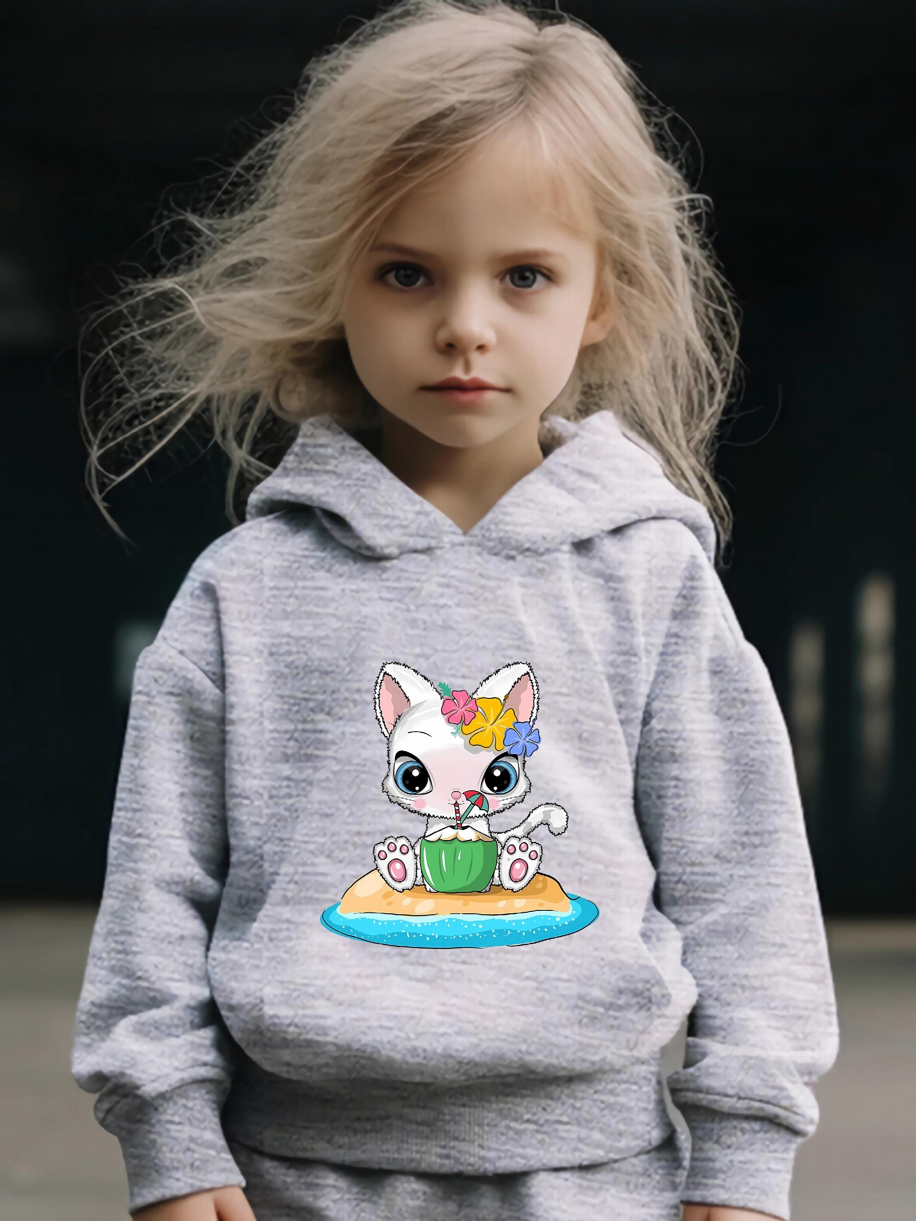 Cartoon Cat & Coconut Print Hoodie & Pants Set, Girl's Sporty Clothes