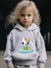 Cartoon Cat & Coconut Print Hoodie & Pants Set, Girl's Sporty Clothes