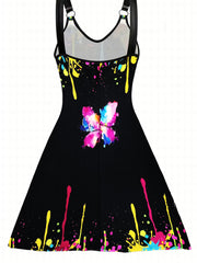 Sexy Dress Splash Painting & Butterfly Print V Neck A line Dress