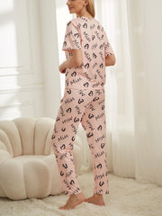Heart Print Pajama Set Short Sleeve Crew Neck Top & Elastic Waistband Pants