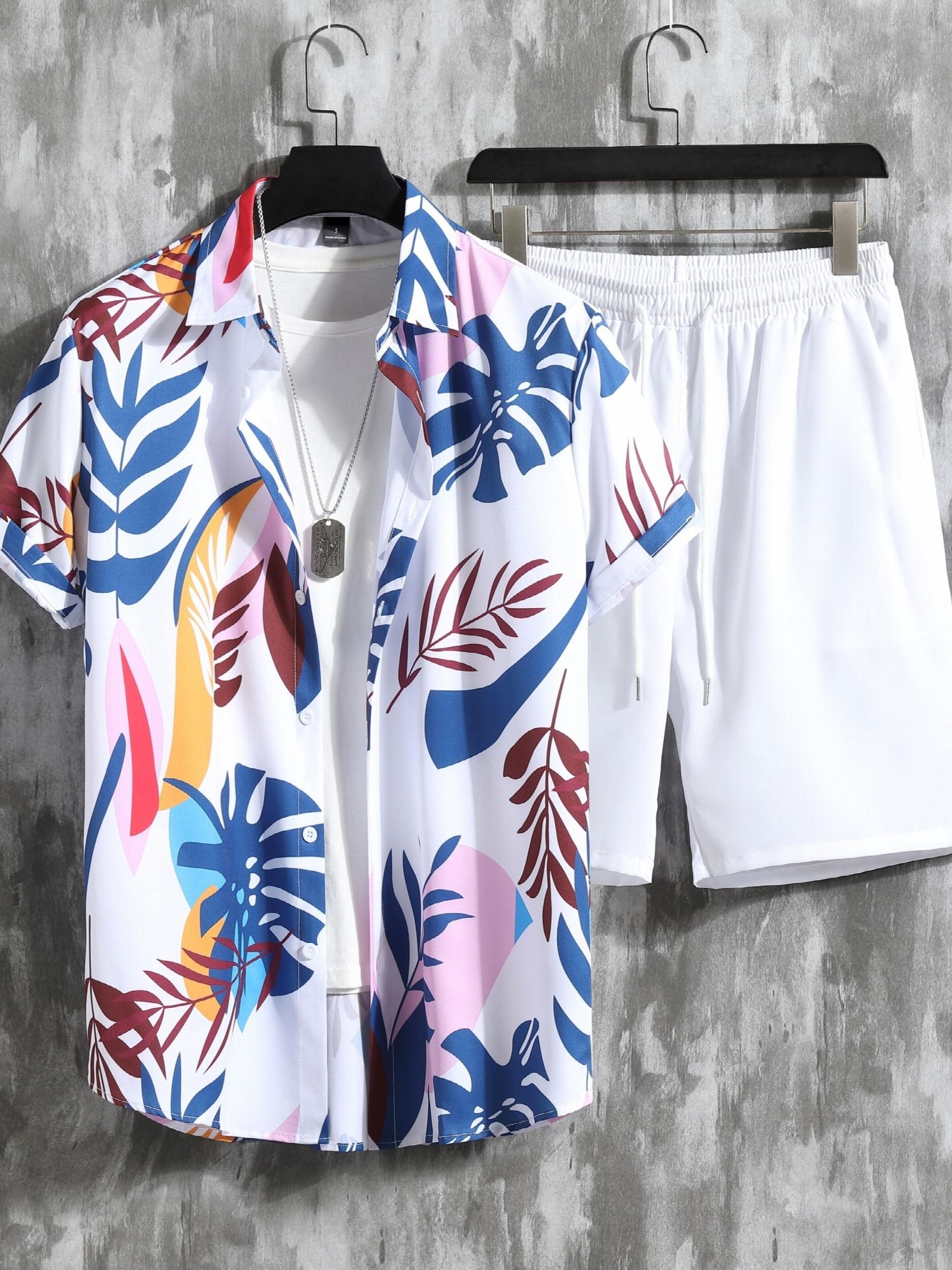 Men's Leaf Print 2Pcs Outfits Camp Collar Hawaiian Shirt & Drawstring Shorts Set