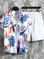 Men's Leaf Print 2Pcs Outfits Camp Collar Hawaiian Shirt & Drawstring Shorts Set