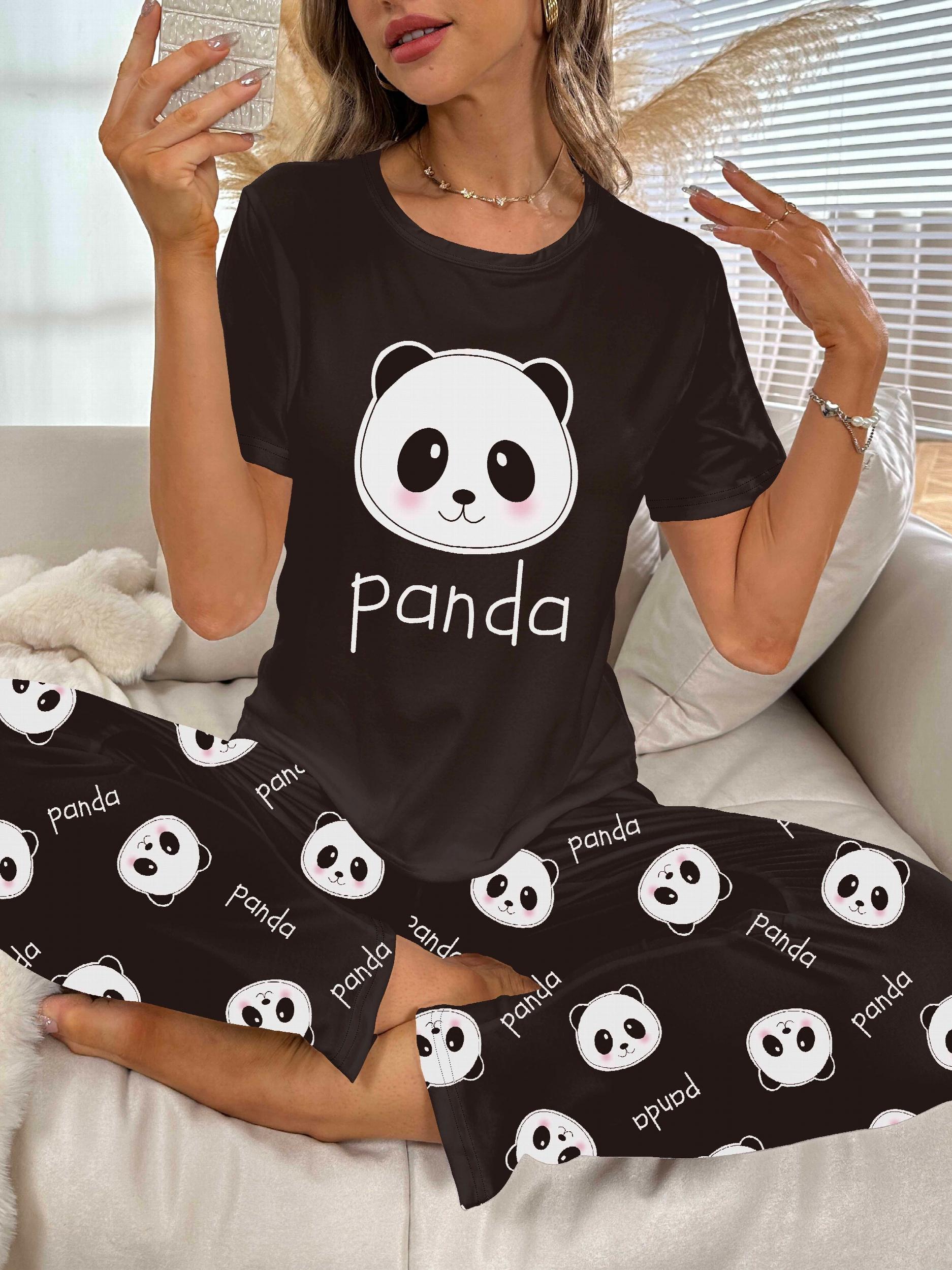 Panda Print Pajama Set Short Sleeve Top & Pants Women's Sleepwear