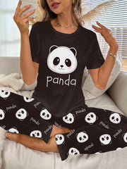 Panda Print Pajama Set Short Sleeve Top & Pants Women's Sleepwear