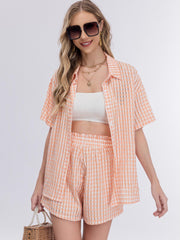 Plaid Pattern Two piece Set Polo Collar Top & Shorts