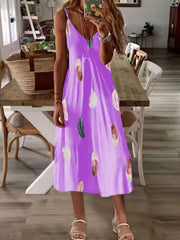 Women's Sleeveless Feather Print V Neck Long Dress