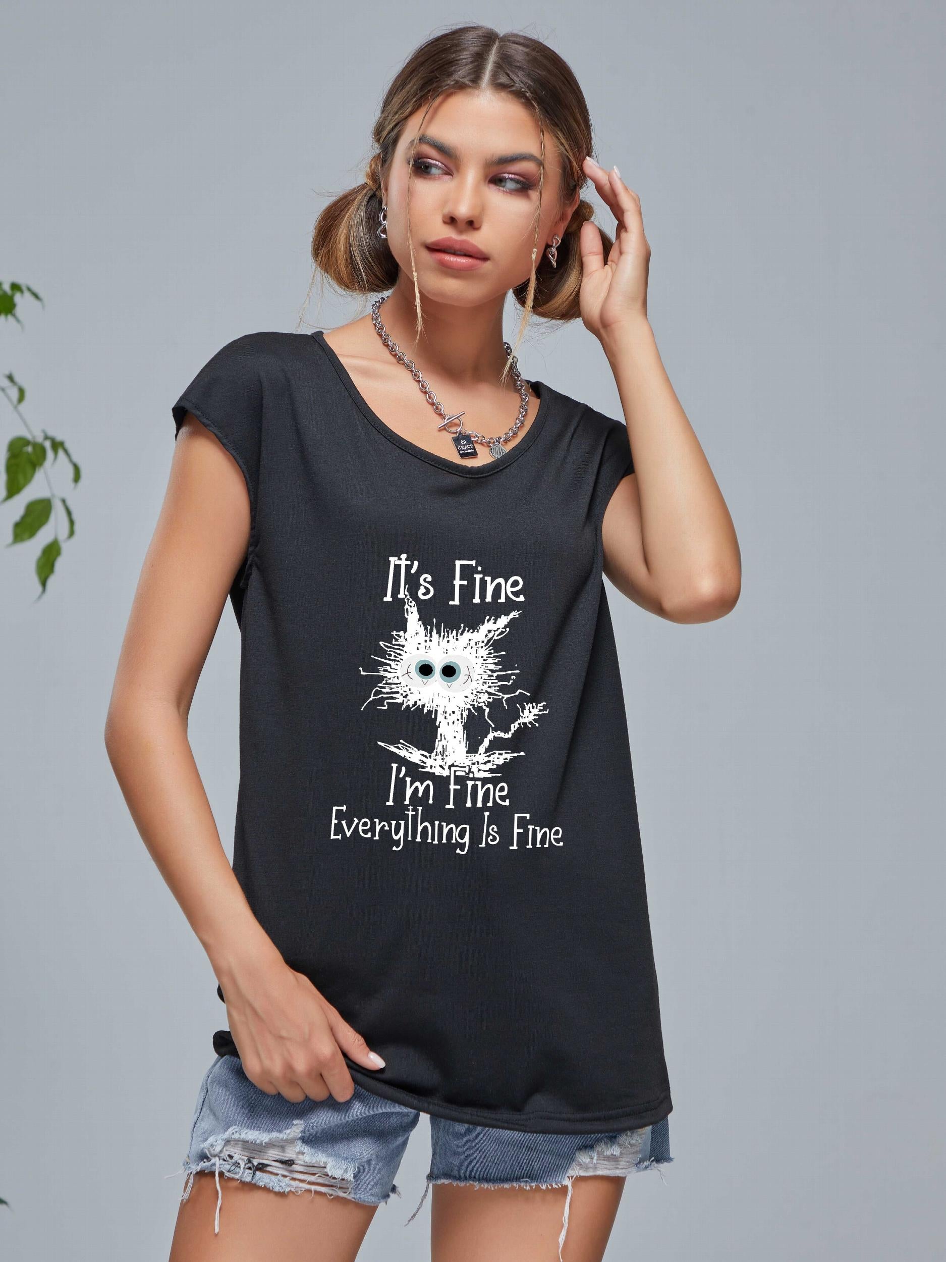 Cartoon Cat V-Neck Short Sleeve T-Shirt for Women