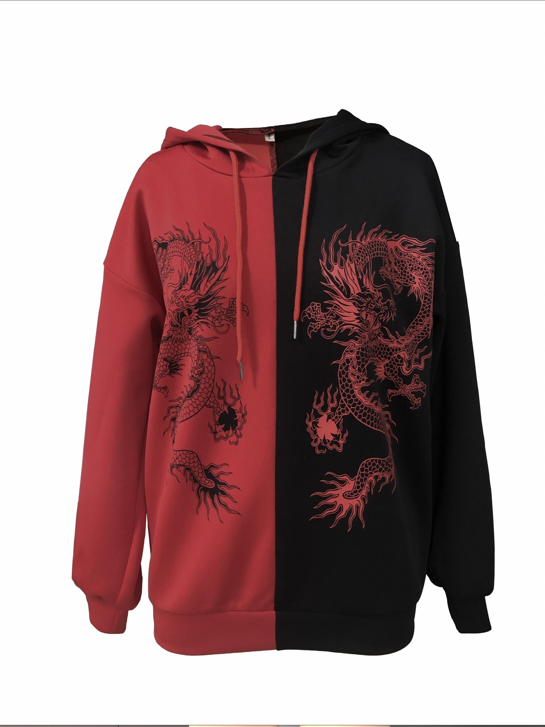 Dragon Print Two tone Hoodie Casual Long Sleeve Hoodies
