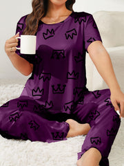 Crown Print Lounge Set Short Sleeve Tee & Pants Two Piece Set