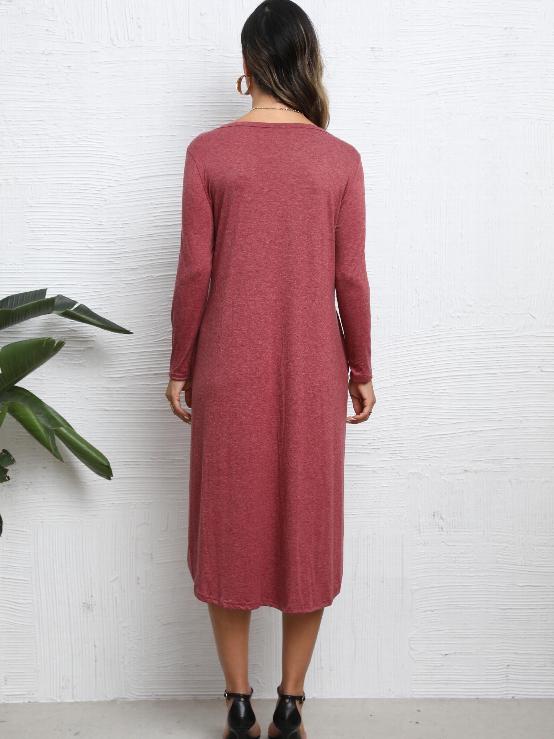 Solid Crew Neck Long Sleeve Midi Dress Women's Clothing
