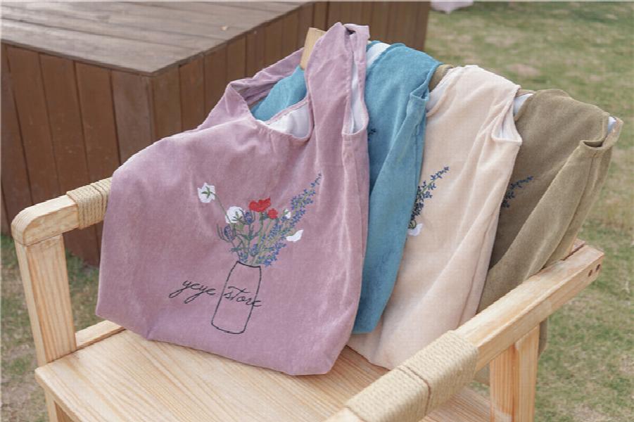 Women Corduroy Shoulder Bag Large Capacity Cloth Travel Grocery Handbag