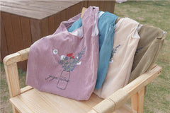 Women Corduroy Shoulder Bag Large Capacity Cloth Travel Grocery Handbag