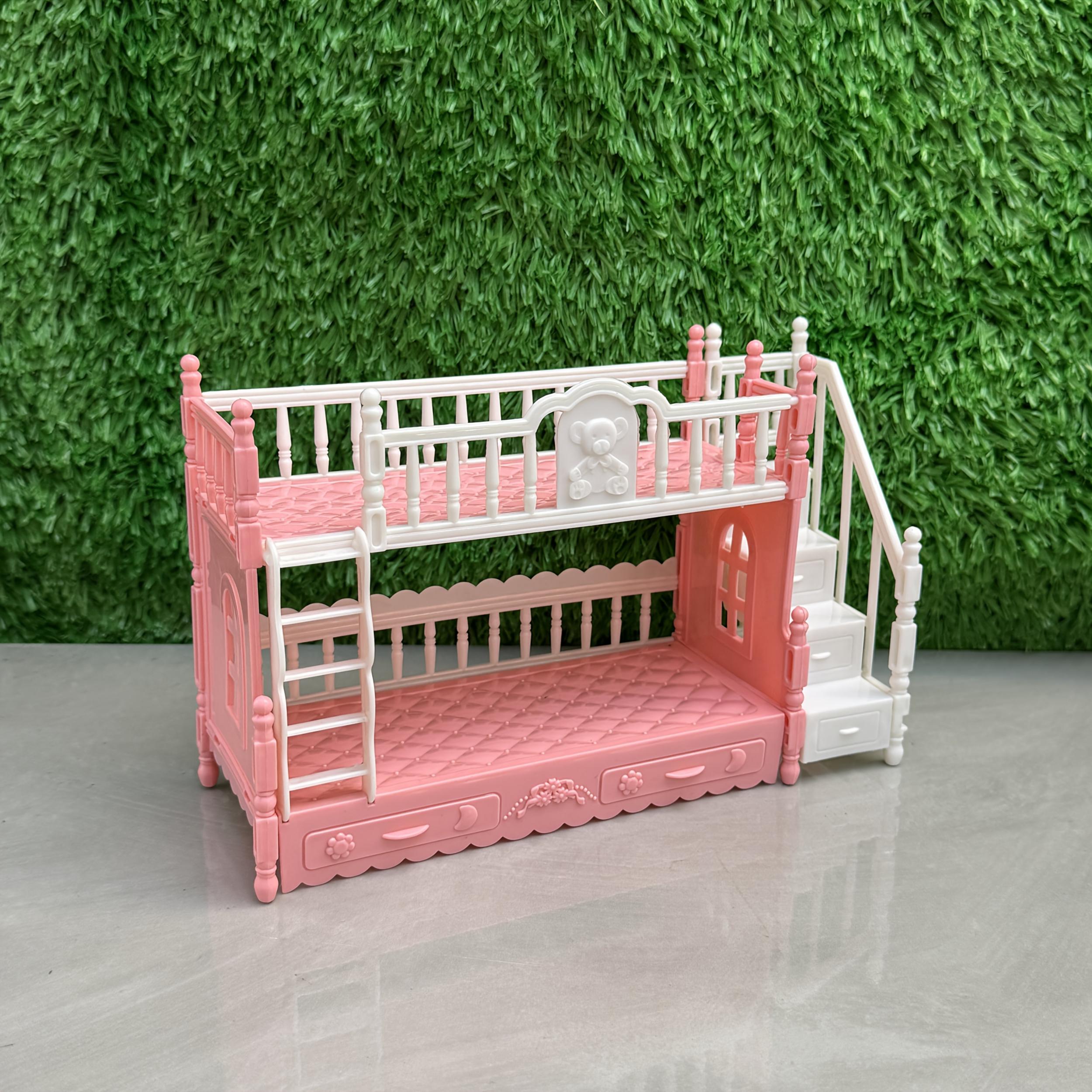Pink Double Bed with Stairs for Princess Room Dollhouse