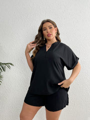 Solid Roll Up Batwing Sleeve Top & Pocketed Shorts Two Piece Set