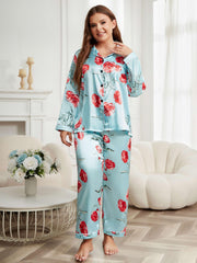 Satin Floral Print Pajama Set Long Sleeve Shirt & Pants Two Piece