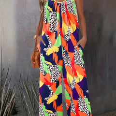 Colorblock Leopard Print Cami Jumpsuit with Pockets