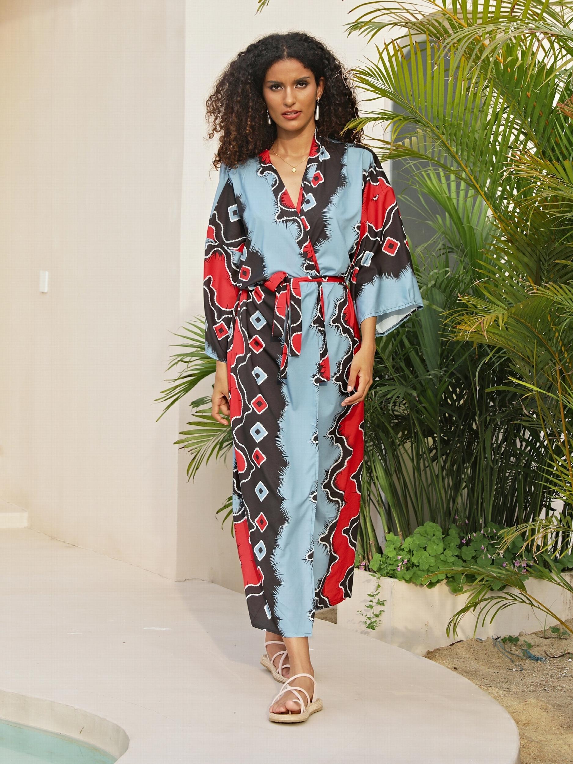 Geometric Print Colorblock Plus Size Cover Up with Belt
