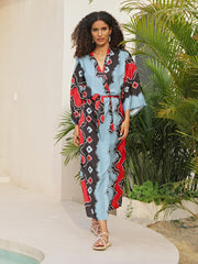Geometric Print Colorblock Plus Size Cover Up with Belt