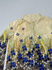 Butterfly & Floral Print Button Up Long Sleeve Blouse