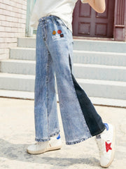 Girls Cotton Flared Faux Denim Print Bell Bottom Pants Soft Comfortable