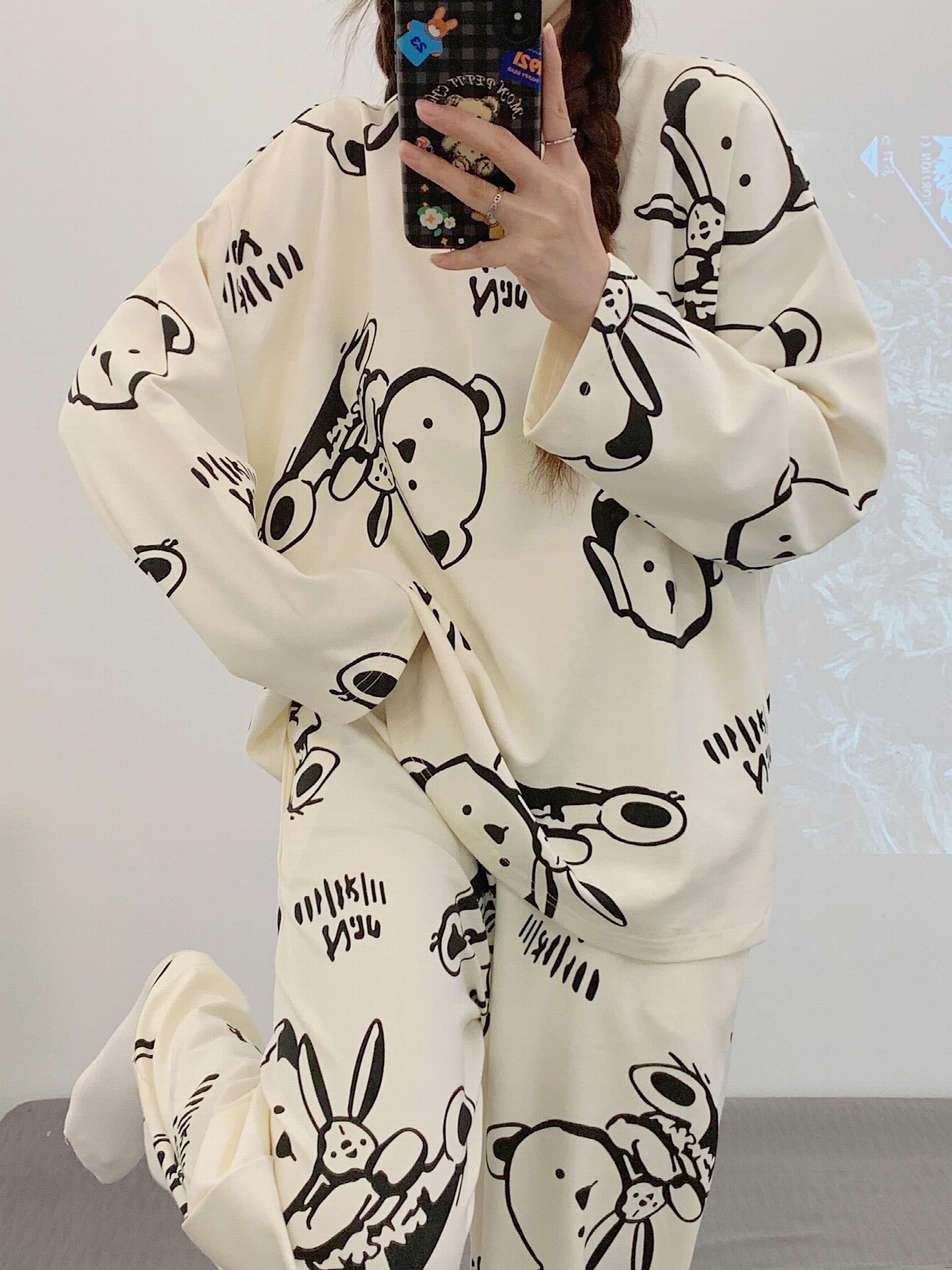 Bear Print Pajama Set Long Sleeve Top & Pants Women's Sleepwear