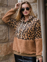 Leopard Colorblock Teddy Fuzzy Hoodie