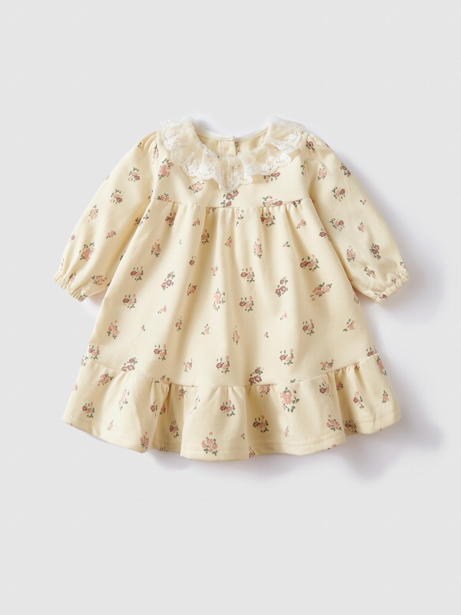 Autumn Baby Girl Floral Print Long Sleeve Lace Neck Casual Dress
