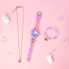 3pcs Quartz Watch Set Sweet Style with LED Glow Silicone Strap 3D Butterfly