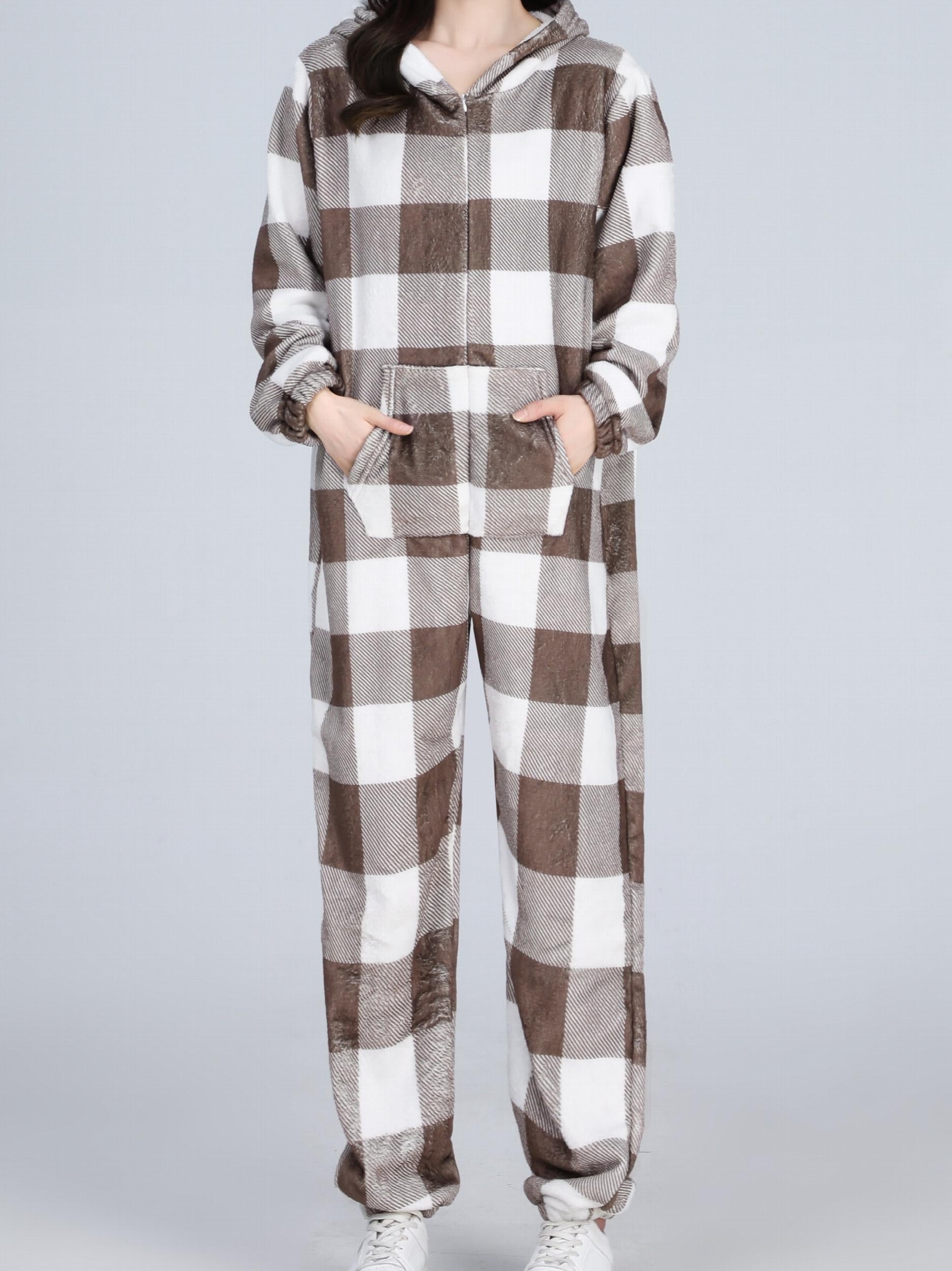 Plaid Print Fleece Hooded Jumpsuit