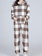 Plaid Print Fleece Hooded Jumpsuit