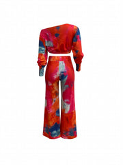 Tie Dye Two piece Set Long Sleeve Crop Top & Wide Leg Pants Outfit